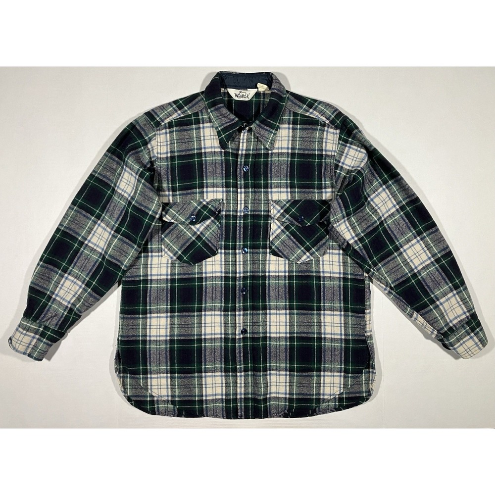 Vintage Woolrich Flannel Shirt Mens Large 70s Wool Blue Green Plaid Made in USA
